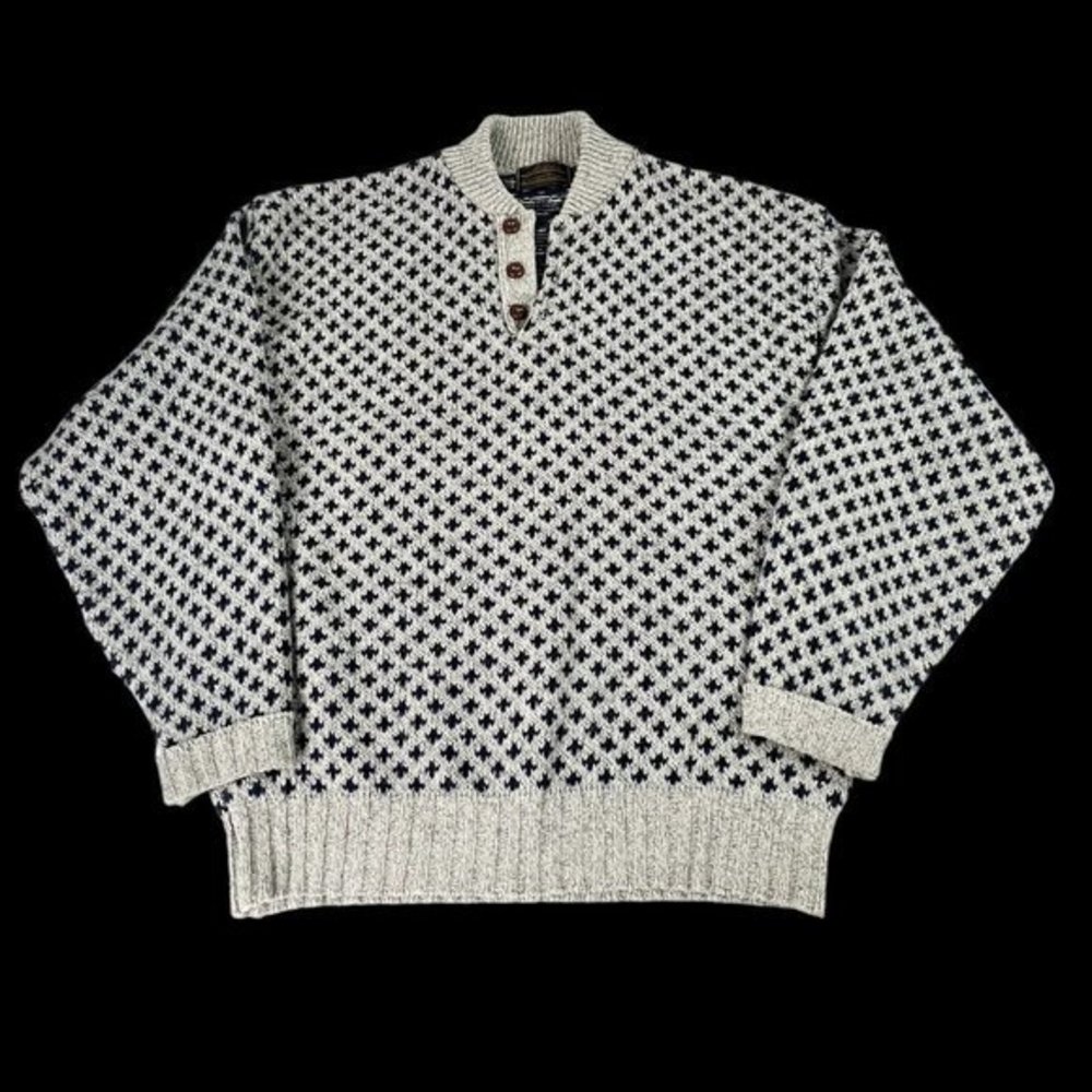 EDDIE BAUER Vintage Norwegian Wool Gray Blue‎ Birdseye Button XL Made In USA